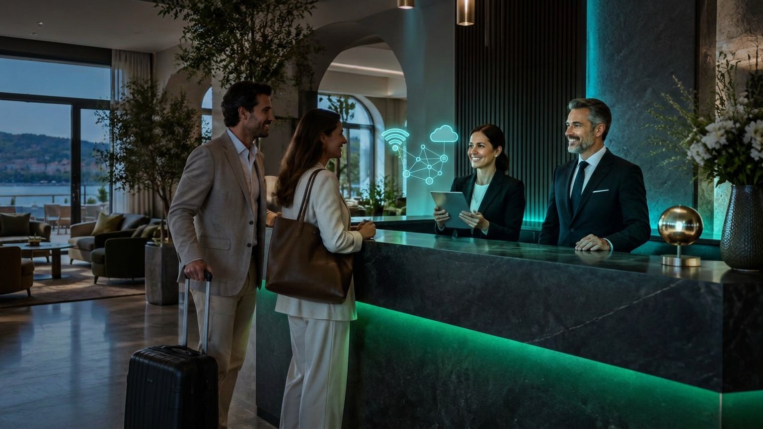 Hotel staff welcome guests at reception with the support of a tablet