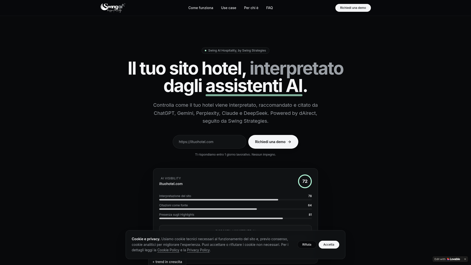 Swing AI — Visibilità AI per hotel: fai interpretare e citare la tua struttura da ChatGPT, Gemini e Perplexity