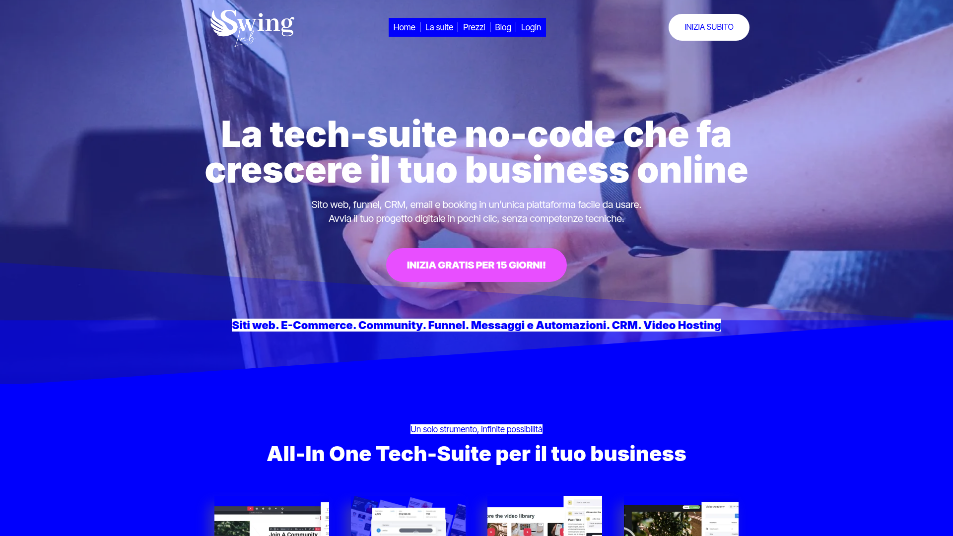 Swing Lab — Tech-suite no-code all-in-one: sito web, CRM, funnel, email e booking